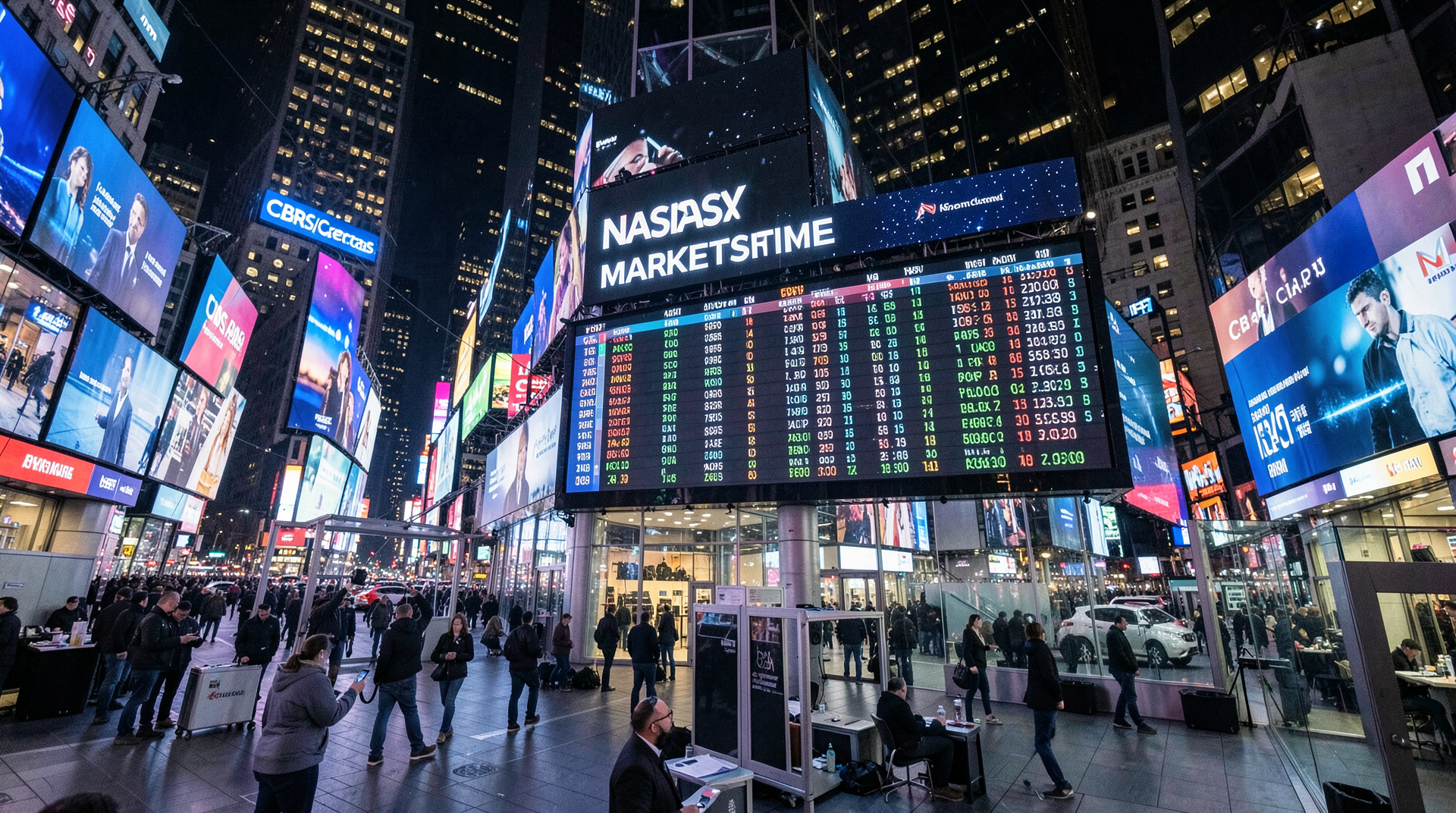 Nasdaq MarketSite in Times Square with a large CBRS ticker display, floor traders visible through glass, city lights at night