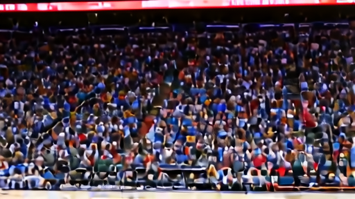 A packed arena from the upper bowl — court lit brilliantly below, fans standing in Tempo colors