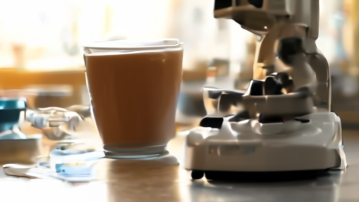 Close-up of a coffee cup beside a petri dish in a laboratory setting