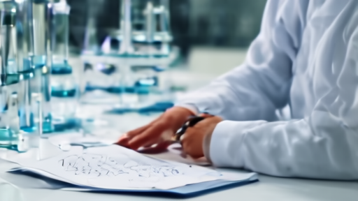 A researcher in a laboratory reviewing printed clinical trial data at a lit workstation