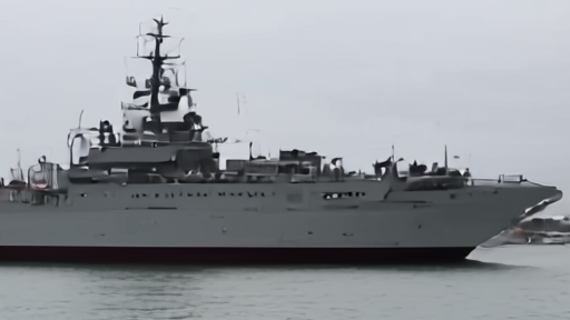A Belgian navy frigate at anchor in a grey northern European port