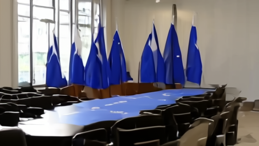 EU Foreign Affairs Council meeting room in Brussels with flags arrayed around a large oval table