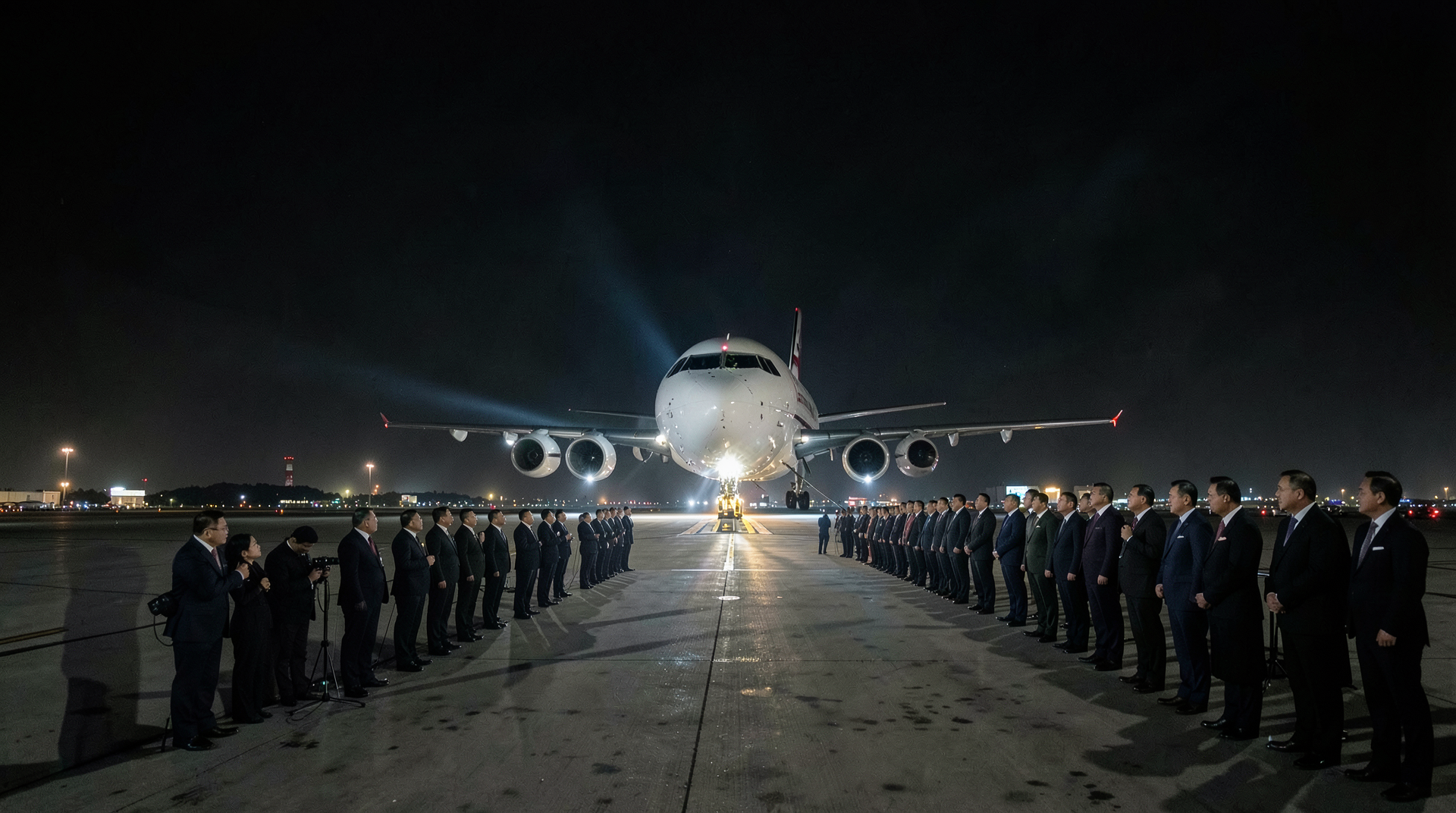 Air Force One landing lights illuminating Beijing airport tarmac at night, Chinese officials in formal reception line