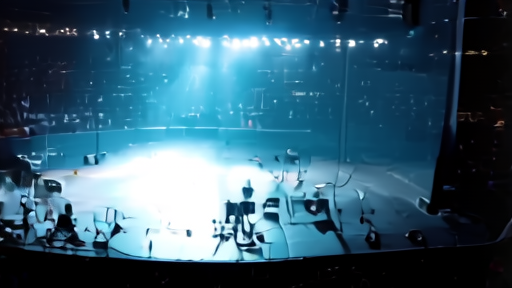 A nearly empty rehearsal stage in the Vienna arena with a single spotlight