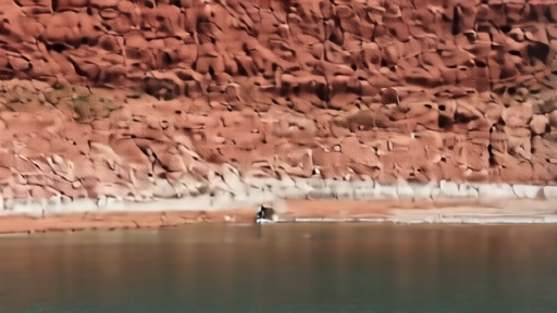 Lake Powell bathtub ring — pale mineral stain on red canyon walls above the current waterline