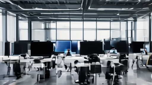 Open-plan office with employees at computers, monitors visible