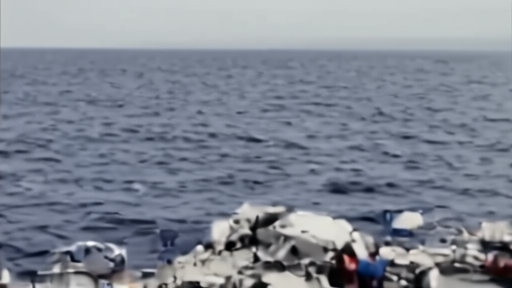 A research vessel on open ocean with a scientist collecting a water sample, surface hazy with debris