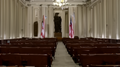 Empty Senate chamber floor at night with overhead lights and empty desks.