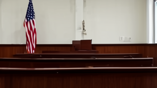 An empty courtroom with wooden benches and fluorescent lighting, gavel on the judge's bench