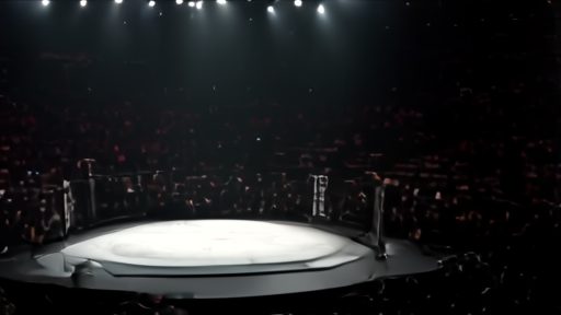 An empty MMA octagon under arena lighting with a Netflix logo on the canvas.