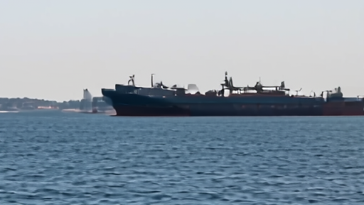 A large oil tanker stationary in the Strait of Hormuz under hazy skies.