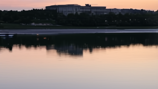 The Pentagon at dusk seen from the river side with reflections in the water