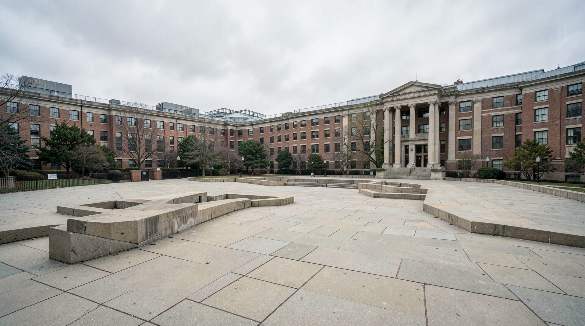 Pentagon courtyard with five-sided walkways, Washington overcast sky