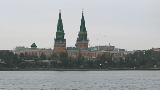 The Kremlin towers seen through winter fog across the Moscow River, still and grey