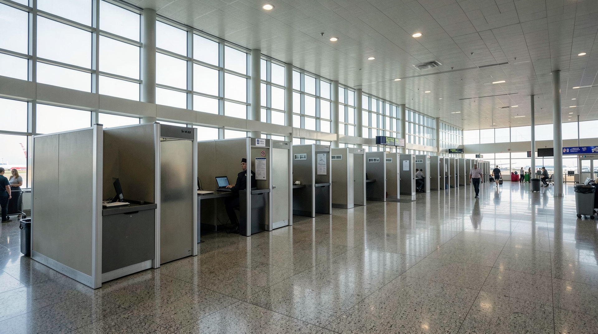 International terminal at a major US airport with rows of vacant immigration processing booths, an officer in one station, high ceilings with natural light