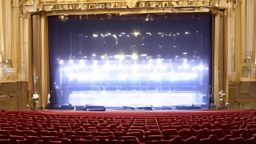The Radio City Music Hall stage set for an awards ceremony, curtain raised, seats empty