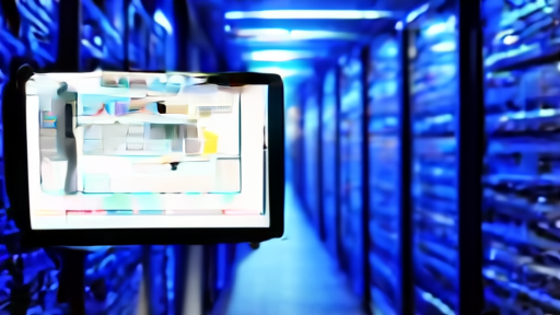 Server room with warning indicators on a screen, blue light, security alert