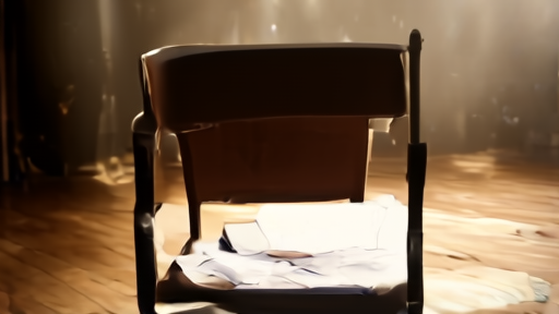 An empty director's chair on a Broadway stage mid-rehearsal with script pages and stage lights