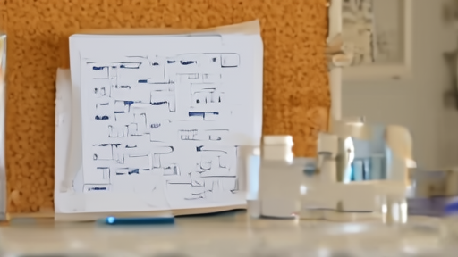 A laboratory bench with a chemical-structure printout pinned to a corkboard, a sealed pharmaceutical vial in foreground, soft afternoon light