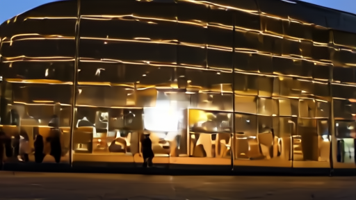 Apple flagship store at twilight with reflections of city lights on a curved glass facade