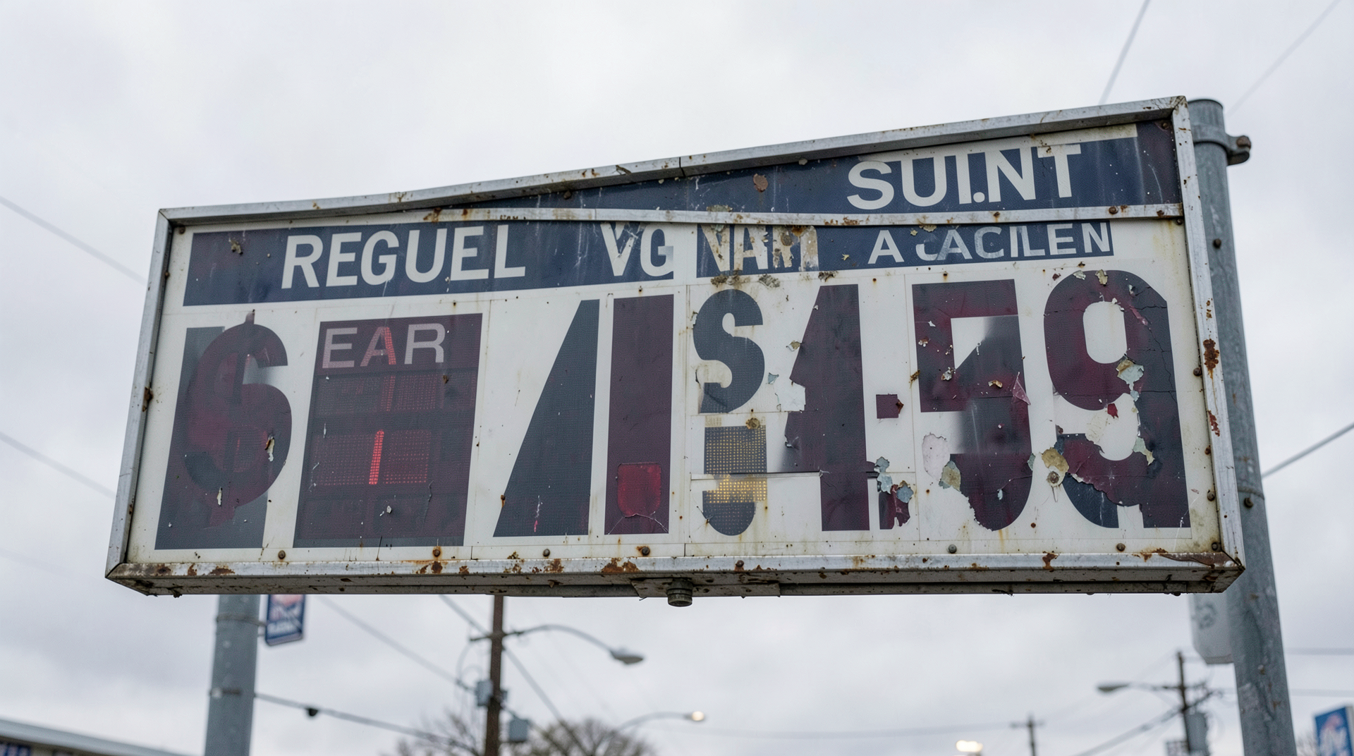 A close-cropped American gas station price marquee showing regular grade above four dollars under flat overcast sky.