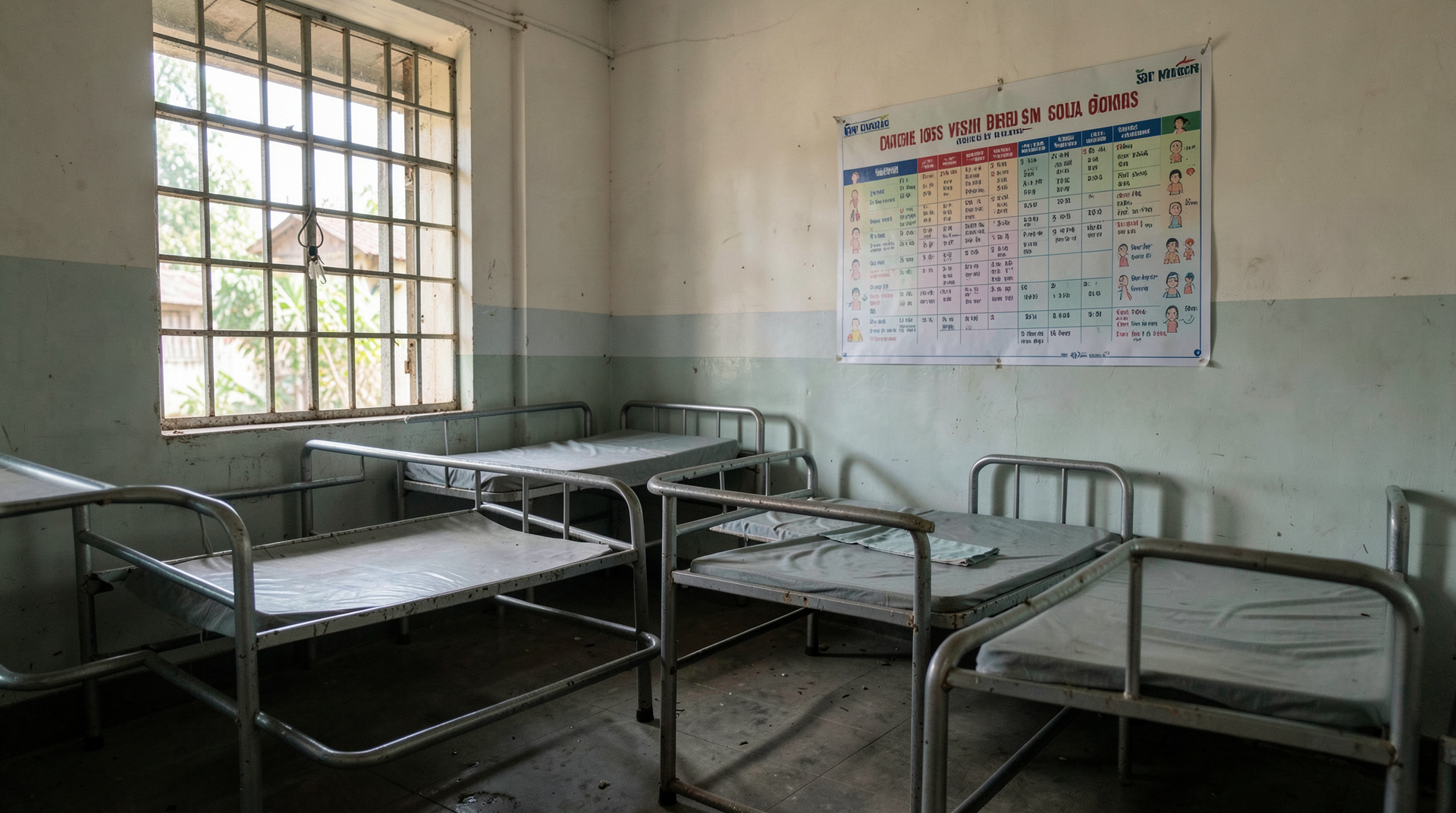 An empty paediatric ward at a regional hospital in Bangladesh, cots in foreground, vaccination schedule poster on the back wall, no faces visible.