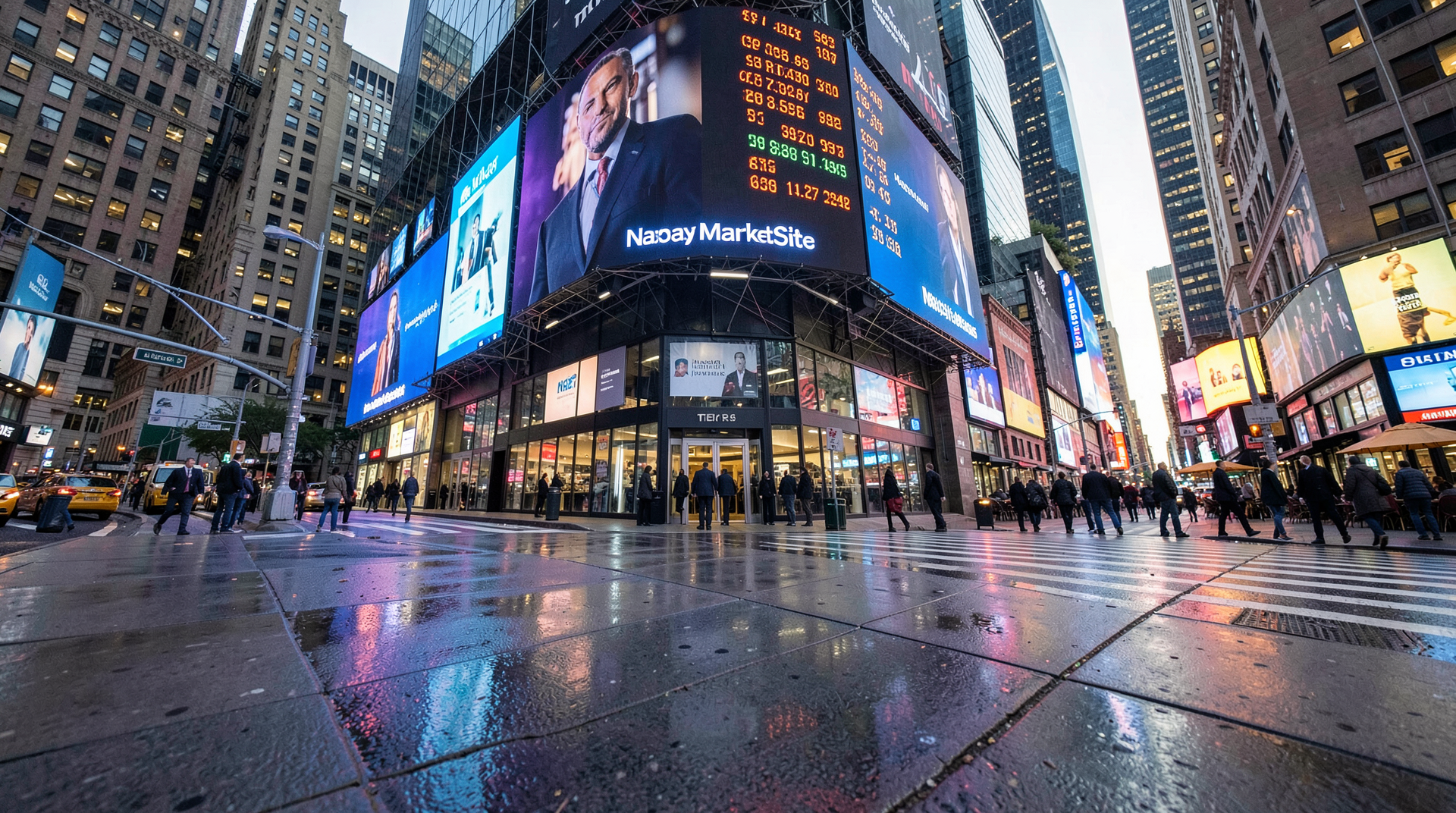 Nasdaq MarketSite tower screen displaying a ticker animation at street level, viewed from a low angle on the sidewalk