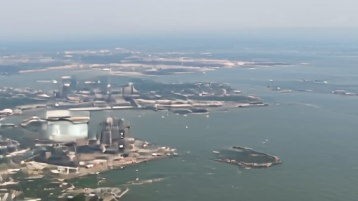 Aerial view of a vast petrochemical refinery complex on China's coast, gas flares and cooling towers, distant cargo terminal.