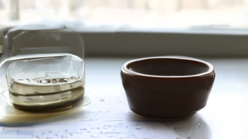 A small ceramic cup of black coffee on a laboratory bench next to a closed petri dish, soft daylight from a side window