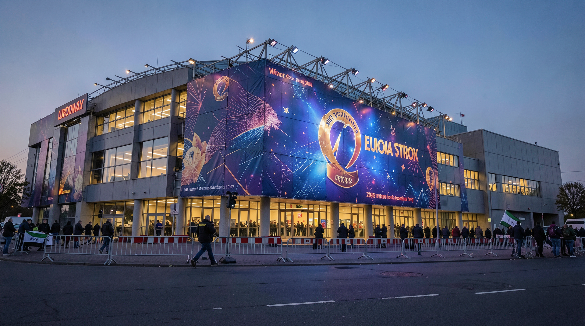 Wiener Stadthalle exterior at dusk lit in Eurovision livery with police barriers and a small protest line visible at the far edge of frame