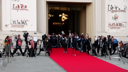 Salle Lumiere exterior at Cannes early evening with photographers' cordon assembled and the festival's official poster banners visible above the entrance