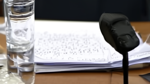 A witness microphone at a Senate hearing table with empty water glass and folded briefing papers in front.