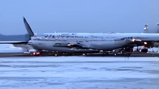 Air Force One on a tarmac at dusk during a refueling stop with a small group of executives at the steps