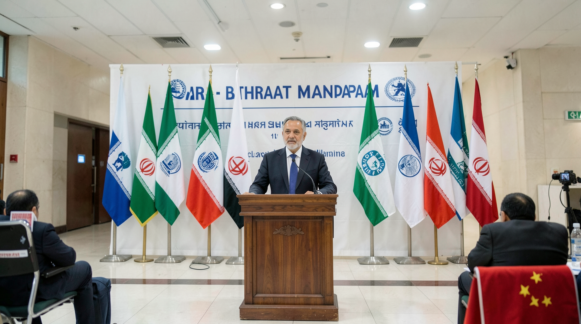 Iran's foreign minister at a podium in front of a BRICS backdrop in New Delhi; a Chinese flag placard sits in front of an empty chair to one side.