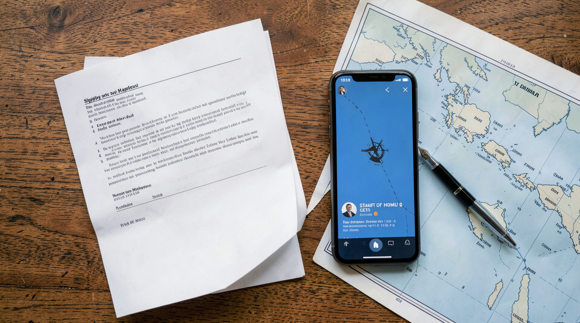 Overhead view of a desk with a printed PGSA application form, an iPhone showing a Lloyd's List news alert, and a marine chart of the Strait of Hormuz.