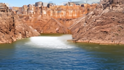Glen Canyon Dam from river level with the downstream face visible and a white bathtub ring on the reservoir wall behind.