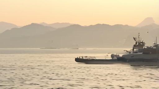 A Barbados-flagged tanker at anchor in a Persian Gulf harbor at dawn, an Iranian patrol boat visible in the middle distance.
