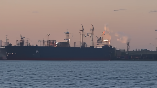 A solitary VLCC tanker at anchor off a US Gulf Coast crude terminal, storage tanks and a single flare visible in the haze behind, the empty water around the hull the subject of the frame.