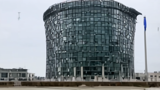 Façade of the IAEA's Vienna International Centre at midday, no figures at the entrance, blue UN flag against gray sky.