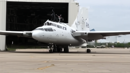 A NOAA P-3 Hurricane Hunter aircraft on the tarmac at Lakeland, Florida, hangar door open behind, no figures visible.