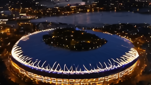 An aerial view of Budapest's Puskás Aréna at dusk, its illuminated curved roof visible from above, the Danube glinting in the distance behind the stadium.