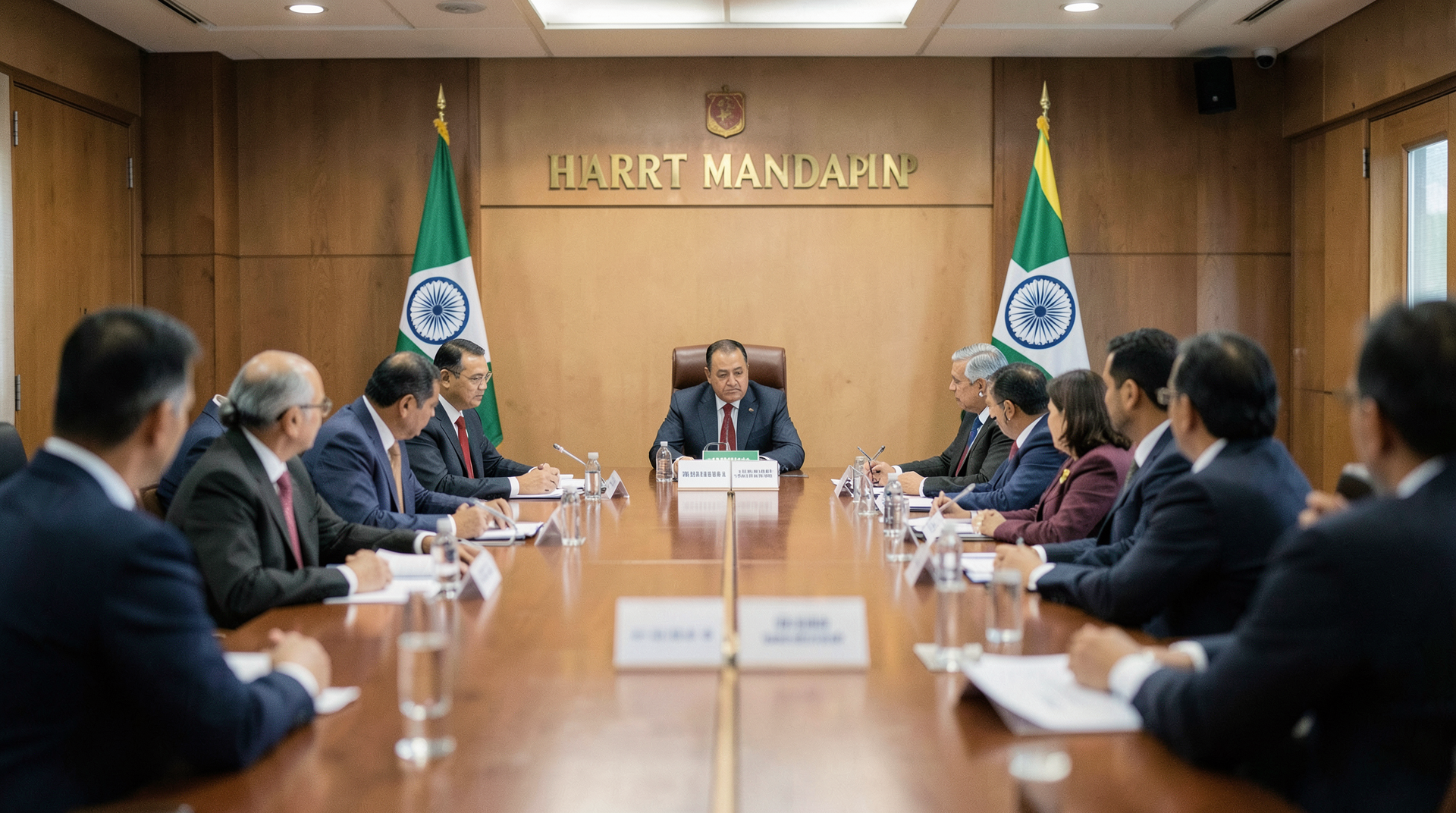 Wide hall of Bharat Mandapam set for BRICS foreign ministers' meeting, table with placards for member states, one Chinese seat conspicuously occupied by ambassadorial rank rather than minister.