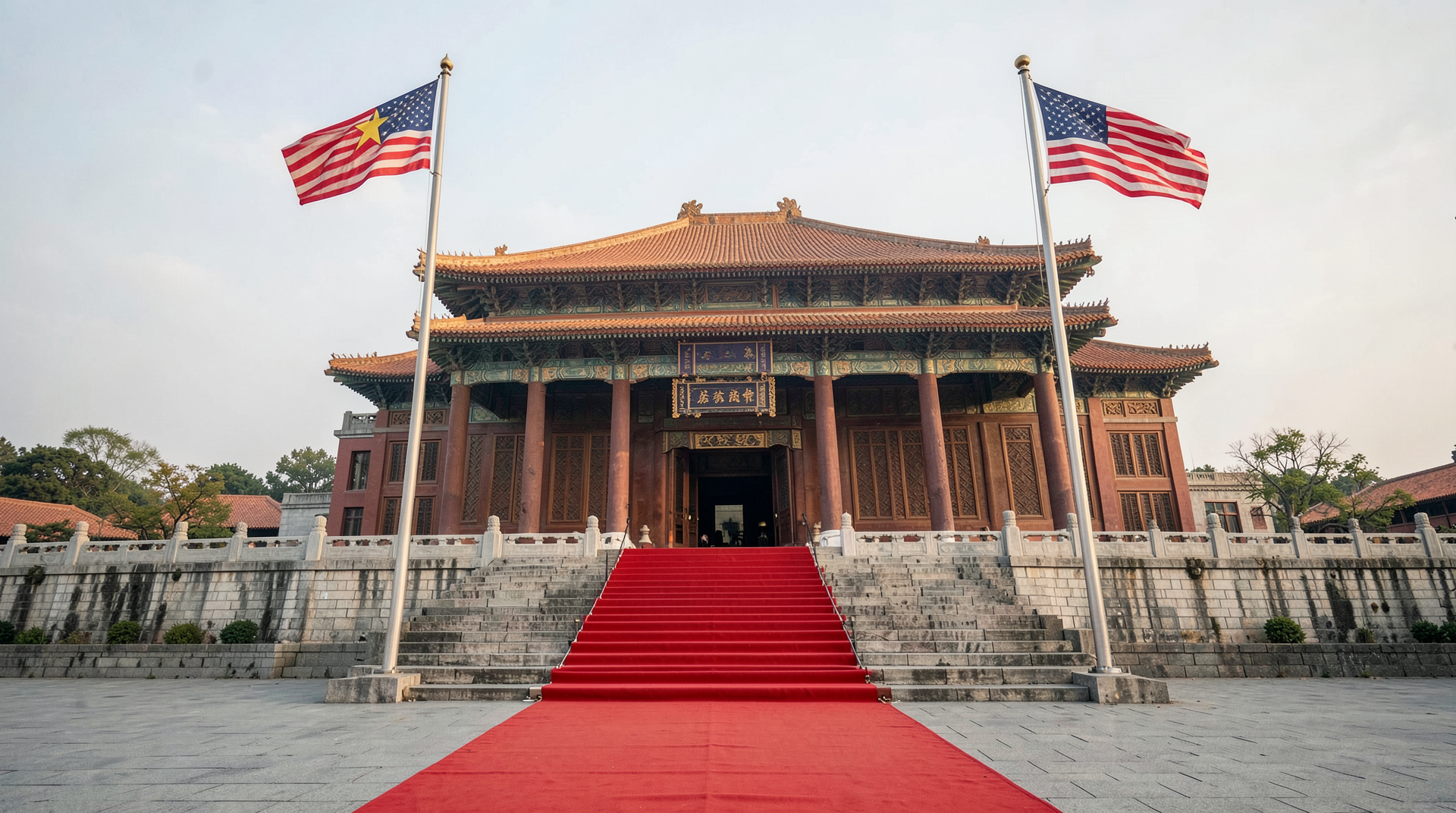 Great Hall of the People in Beijing on summit morning, red carpet laid, no figures in frame, banner of Chinese and American flags above.