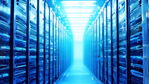 Server-room corridor in soft blue light with cooling units and stacked rack hardware