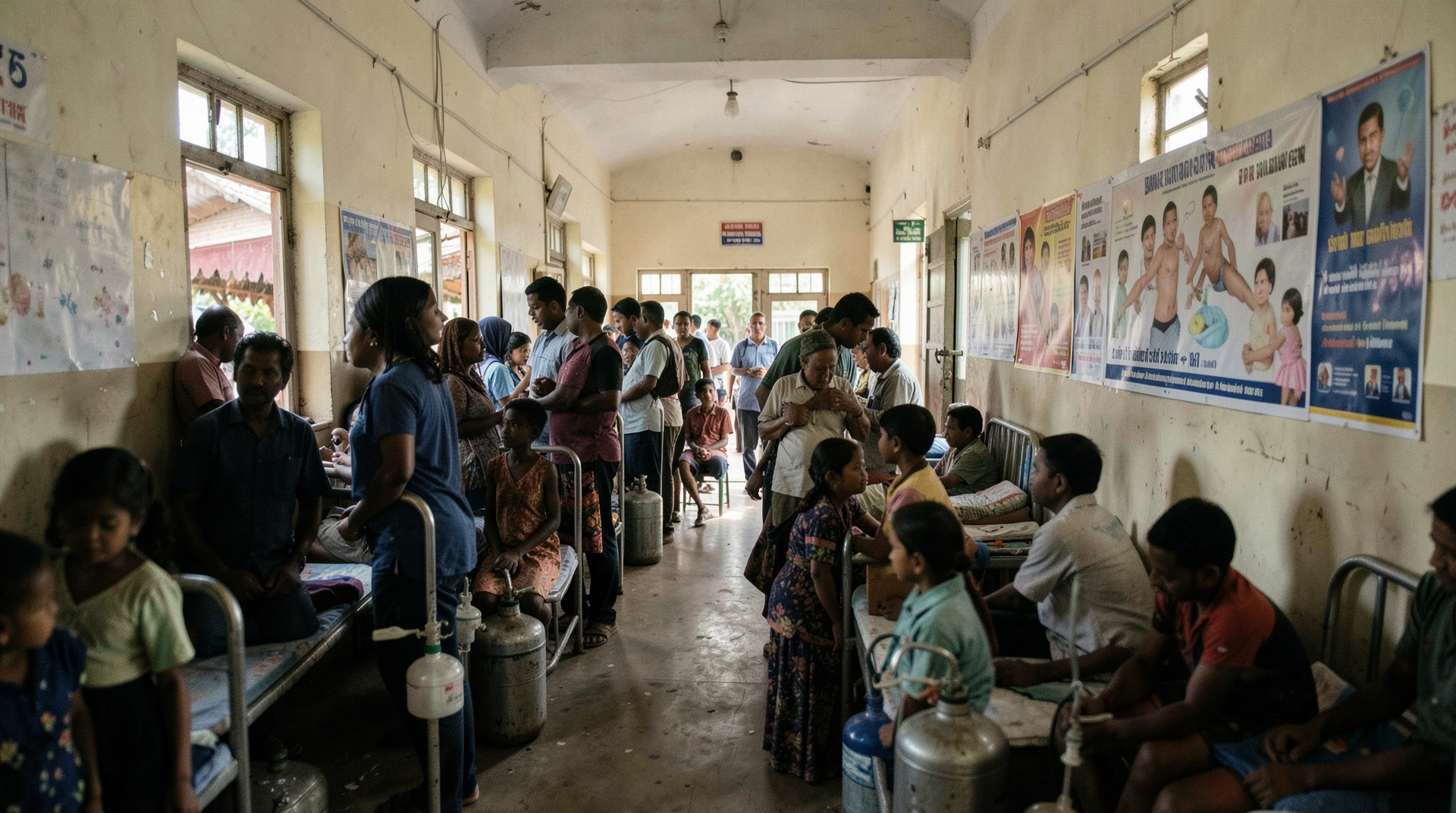 A crowded pediatric ward corridor with vaccination posters partly visible on a wall.