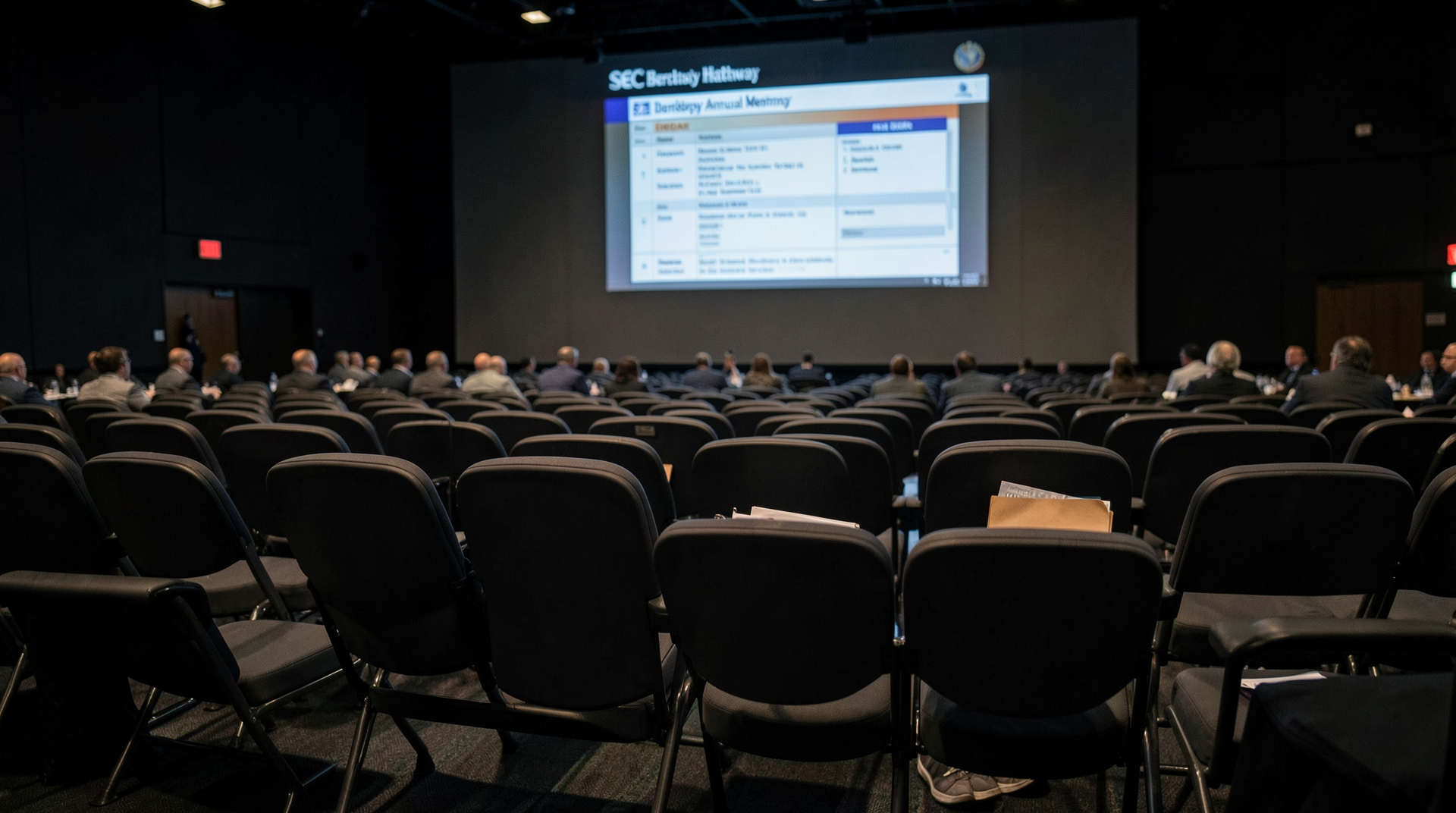 An EDGAR filing page projected over empty Berkshire annual meeting chairs.