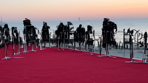 Cannes jury table reflected in a red-carpet security barrier outside the Palais des Festivals.