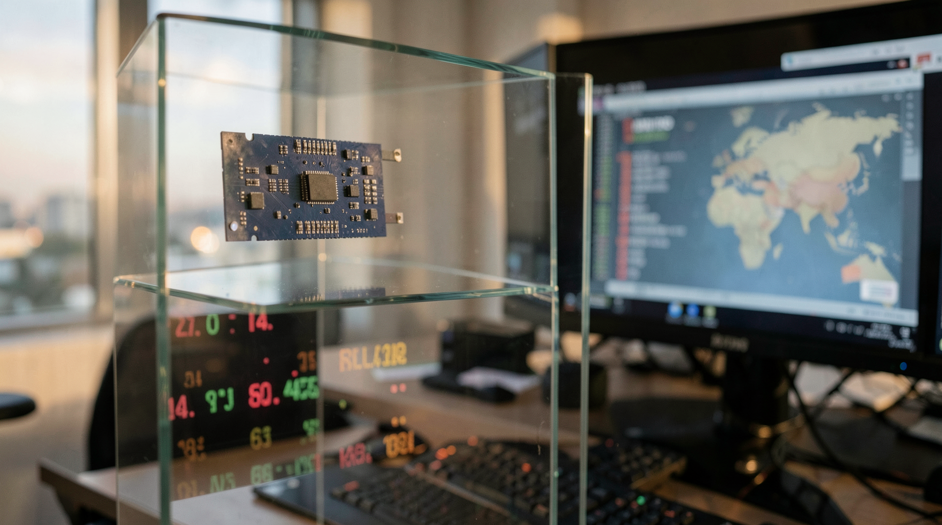 A wafer-scale chip above a stock ticker and a Gulf-region counterparty map.