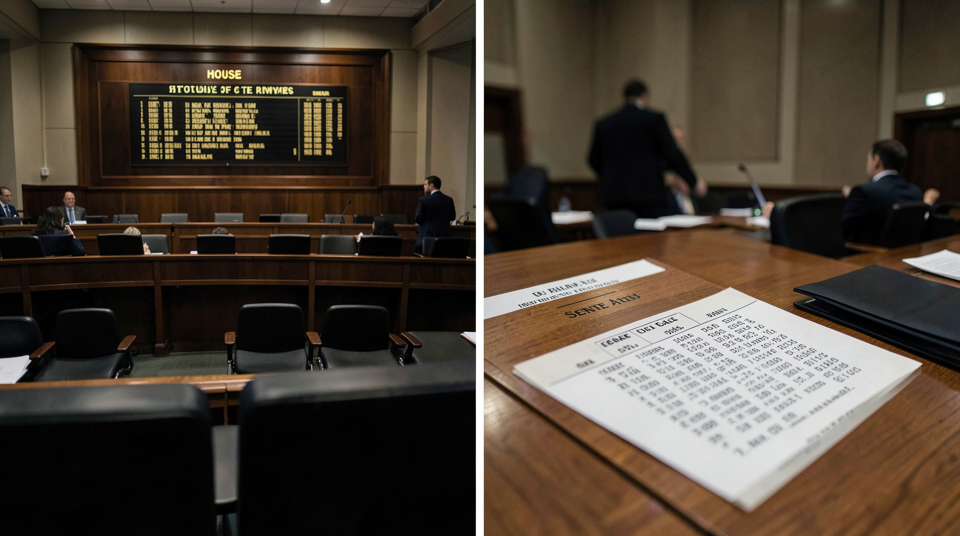 A House vote board and Senate roll-call sheet shown side by side, each one vote short.