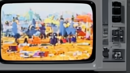 Split-screen public television monitors showing a song contest stage and a counter-programming studio
